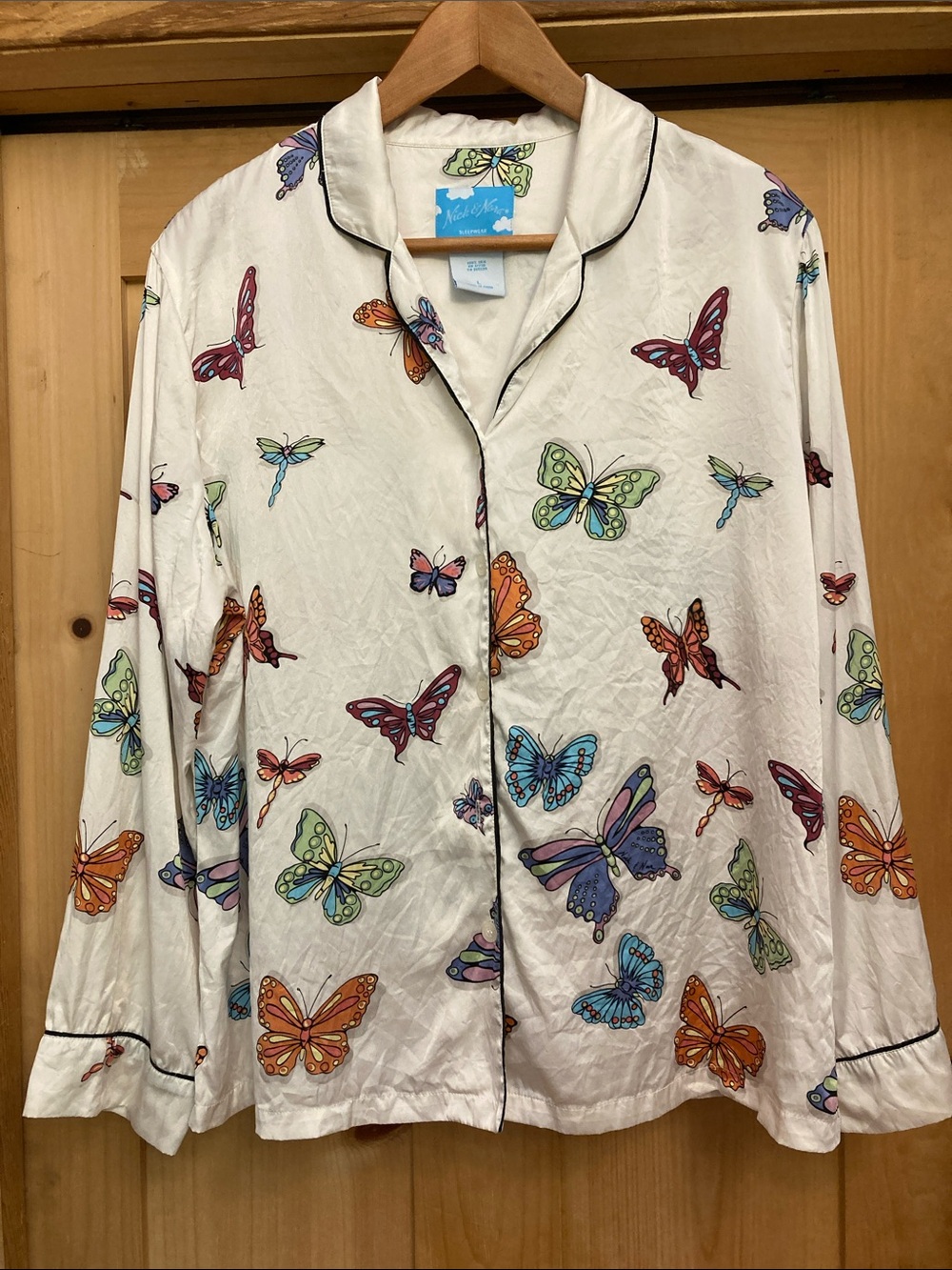 Nick & Nora Sleepwear Off-White Butterfly-Print Button Front Silk Blouse